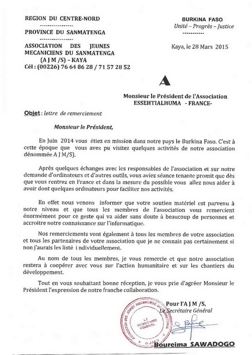Lettre de Remerciement
